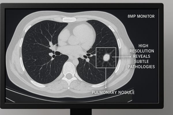 Close-up view of a pulmonary nodule on a CT scan displayed on an 8MP monitor
