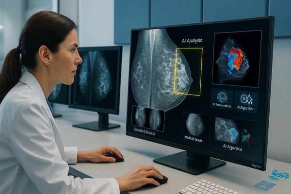Radiologist analyzing high-resolution mammogram and color Doppler ultrasound on medical-grade monitor with AI-highlighted areas for breast cancer detection in a bright reading room