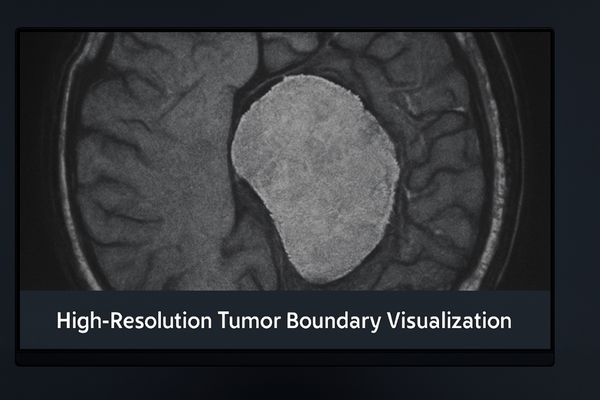 High-resolution medical display showing a clear tumor boundary with subtle texture and density details in a modern clinical setting