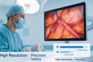 Surgeon using high-resolution 4K surgical monitor displaying detailed endoscopic anatomy with comparison chart of 4K and HD pixel counts in bright modern operating room