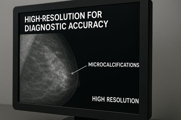 A close-up view of a high-resolution mammography display showing microcalcifications