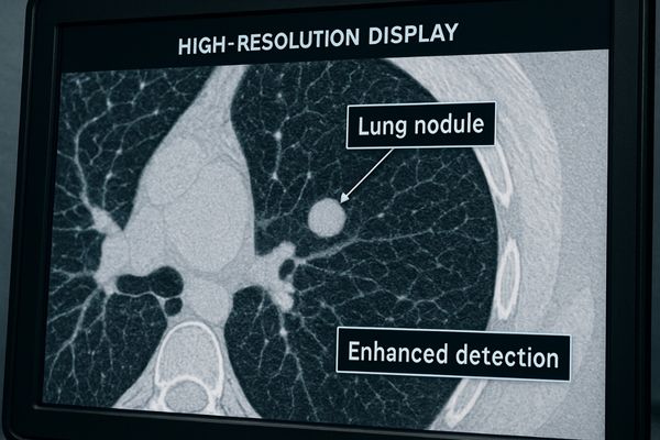 A close-up view of a high-resolution medical display showing a very detailed lung nodule