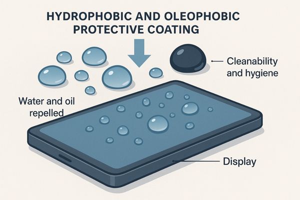 Water beading up on a coated screen, demonstrating its hydrophobic properties