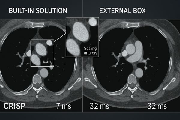 Side-by-side image comparison showing a crisp image from a built-in solution vs. a softer one from an external box