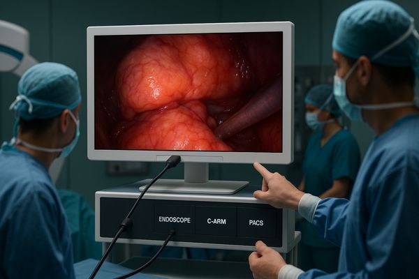 An operating room with a central monitor showing a seamless switch between two different video sources