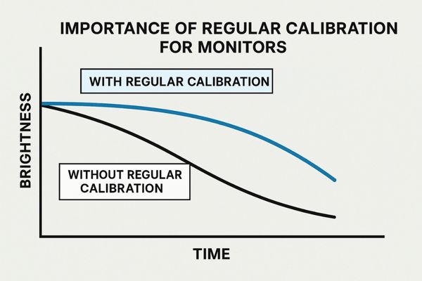 A graph showing a monitor's brightness declining over time without calibration versus staying stable with regular calibration