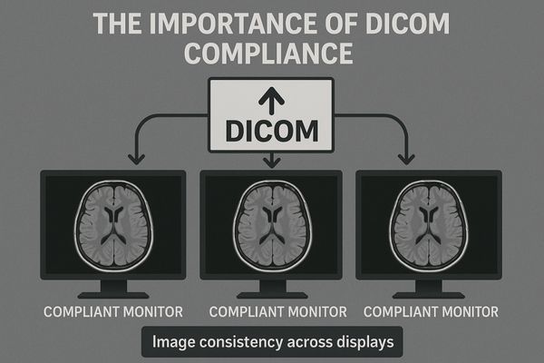 A graphic showing how DICOM standardizes an image across different compliant monitors
