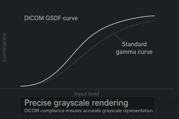 A diagram showing the DICOM GSDF curve versus a standard gamma curve