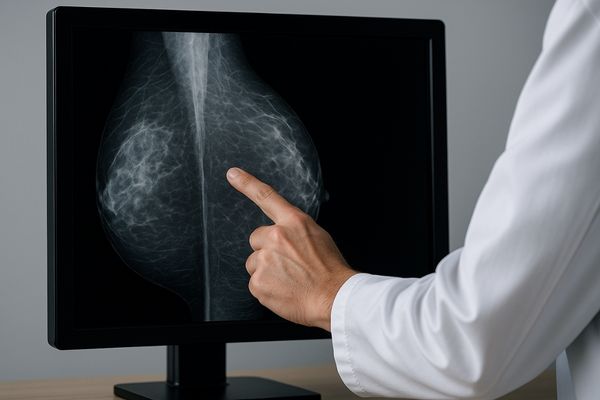 A radiologist confidently pointing to a tiny, clear lesion on a high-resolution mammography display