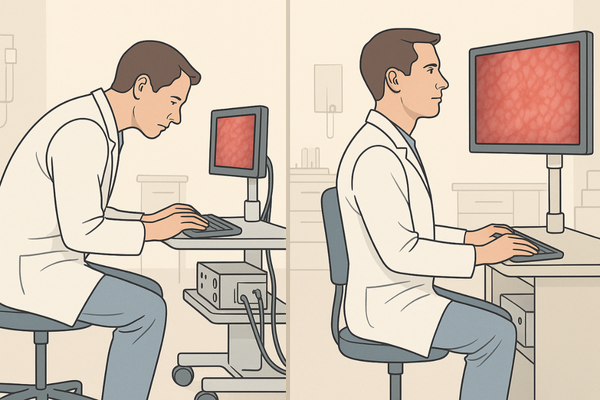 Surgeon team performing urological procedure with visible difference in posture and positioning compared to standard definition setup