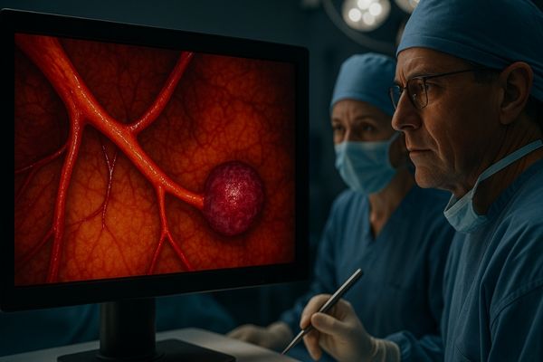 A clear view of blood vessels and lesions on a surgical monitor