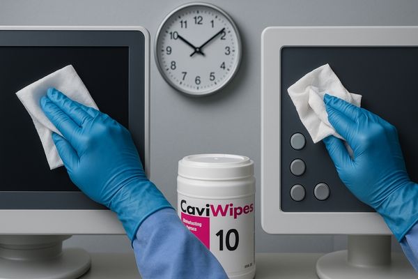 Side-by-side comparison of disinfection process on touch panel versus button interface