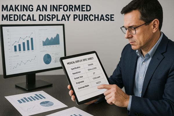 An image showing a procurement manager reviewing a medical display's spec sheet