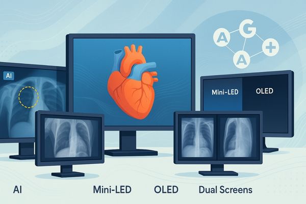Illustration of advanced medical displays showing 3D organ rendering, AI-highlighted diagnostics, Mini-LED vs OLED comparison, and dual-screen imaging, representing innovation in medical display technology.