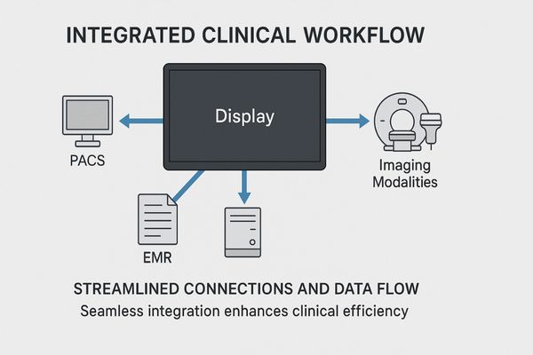 A diagram showing a central display connected to PACS, EMR, and imaging modalities