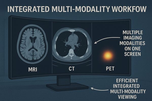 A single, large curved display showing a patient's MRI, CT, and PET scans side-by-side