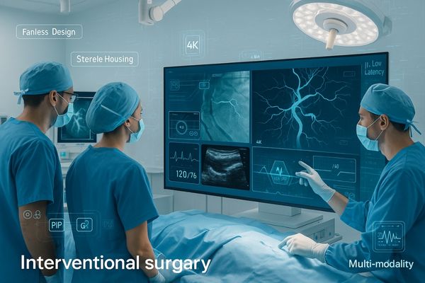Surgeons collaborating in an interventional surgery room with large 4K medical displays showing multi-modality imaging and real-time patient data