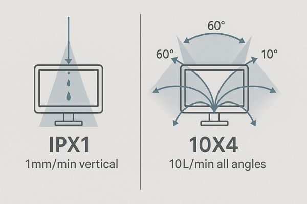 Diagram showing water droplets falling vertically (IPX1) versus splashing from multiple angles (IPX4)