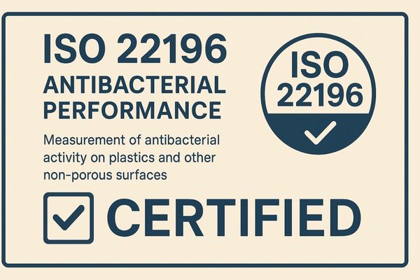 A certificate or logo representing the ISO 22196 standard for antibacterial measurement