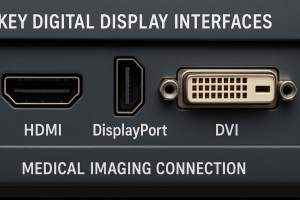 Close-up of HDMI, DisplayPort, and DVI ports on a medical monitor