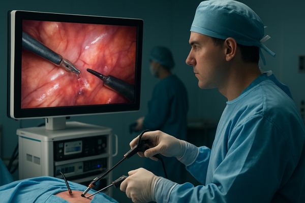 A surgeon intently focused on a monitor while performing a laparoscopic procedure with instruments