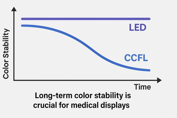 A graph showing the stable color output of an LED backlight versus the declining output of a CCFL backlight over time