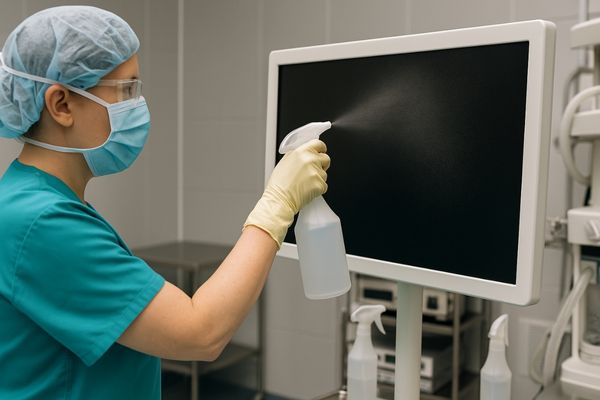 Operating room scene showing cleaning staff spraying disinfectant on monitors
