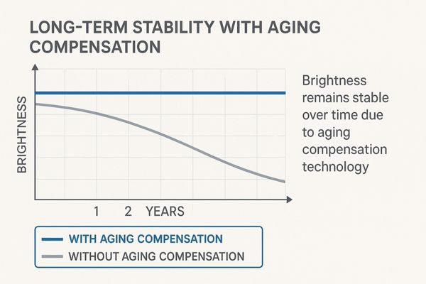 A graph showing a monitor's brightness staying stable over years with aging compensation enabled