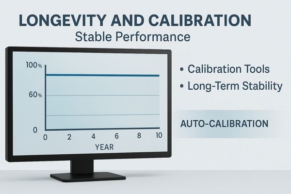 A graphic showing a display's brightness staying stable over years due to auto-calibration