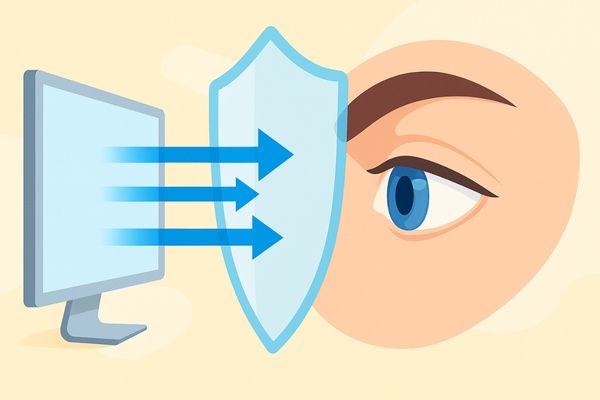 Illustration of a human eye shielded from harmful blue light emitted by a computer screen, representing low blue light technology for eye protection.