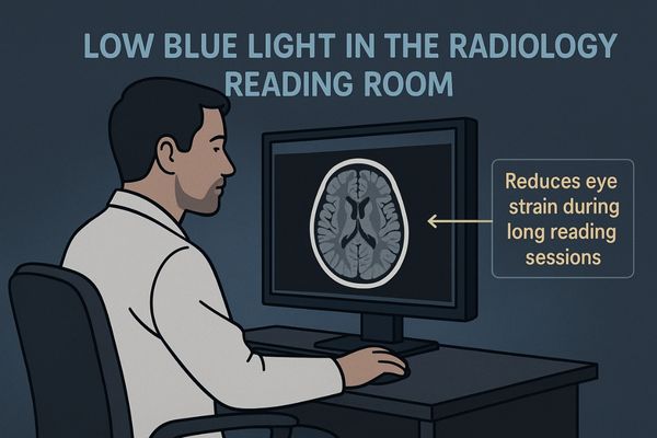 A radiologist in a darkened room, comfortably viewing a complex grayscale scan on a display