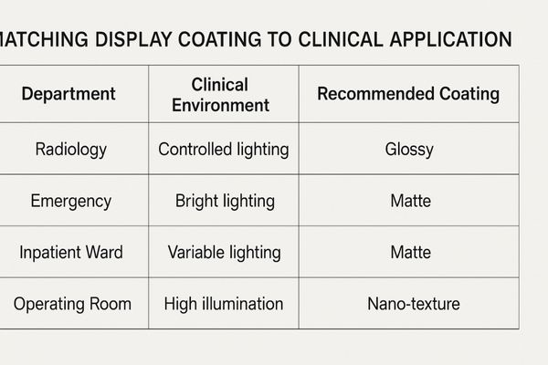 A table graphic showing different hospital departments and their ideal screen coating type