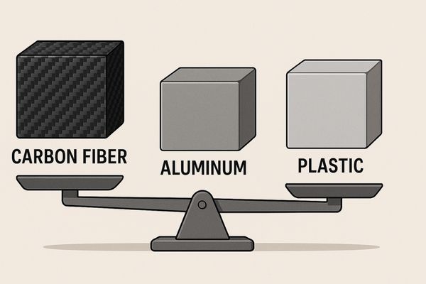 A diagram comparing three identical blocks of carbon fiber, aluminum, and plastic on a scale, with carbon fiber being the lightest