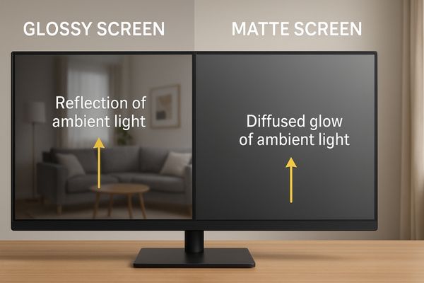 A split-screen comparison showing a room's reflection on a glossy screen versus a diffused glow on a matte screen