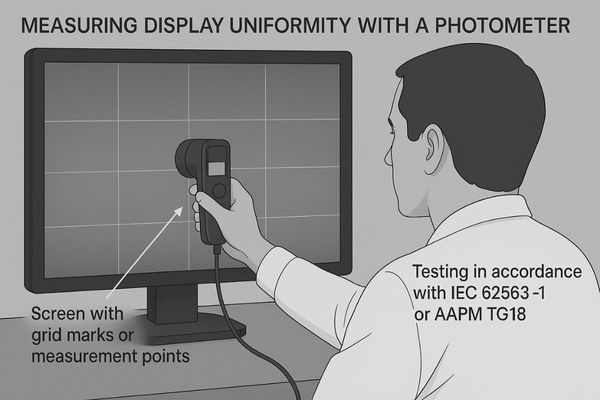A technician using a photometer to measure brightness on a medical display