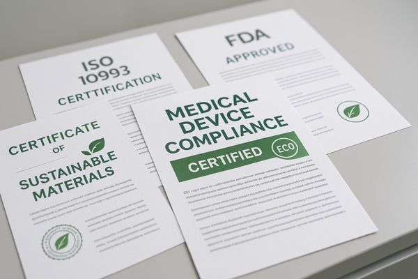 Medical regulatory compliance documents with eco-certification labels for materials