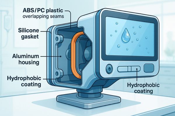 Cutaway digital illustration showing water-resistant medical device construction with ABS/PC plastic housing, silicone gasket seals, machined aluminum frame, and hydrophobic coated screen in a modern medical setting.