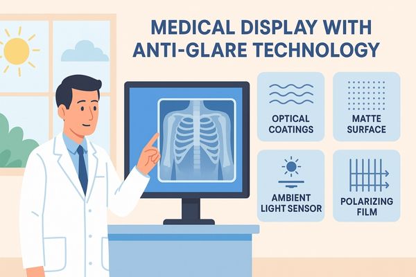 Medical display with anti-glare technology showing chest X-ray, featuring doctor and icons for optical coating, matte surface, ambient light sensor, and polarizing film.
