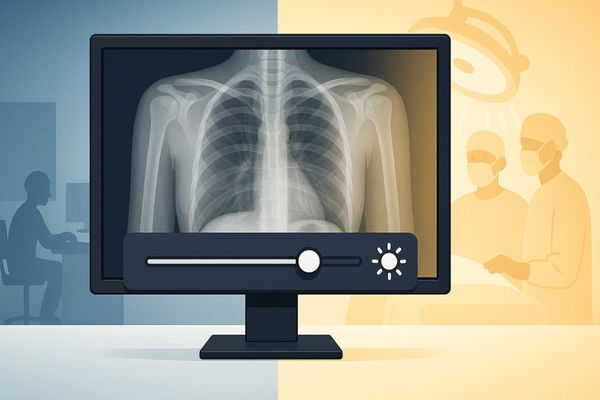 Medical display showing chest X-ray with brightness adjustment slider, illustrating adaptability between dark radiology room and bright operating room environments.