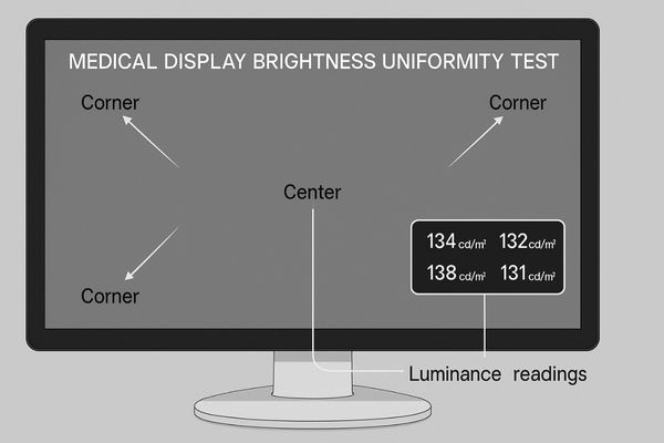 A medical monitor displaying a uniform gray screen for testing