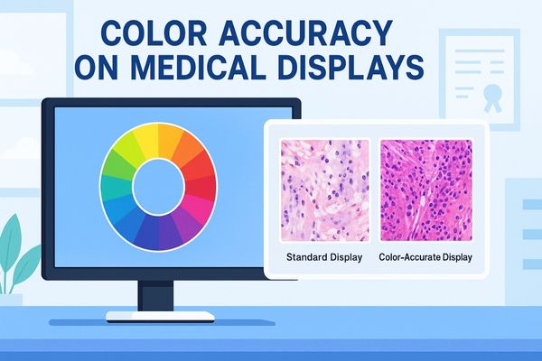 Medical display with a color wheel and pathology slide comparison showing standard vs. color-accurate imaging for precise diagnosis.