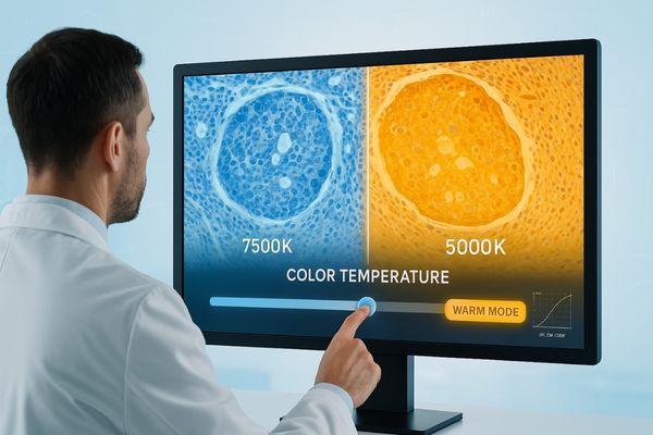 Doctor adjusting color temperature on a medical display showing side-by-side warm and cool toned medical images