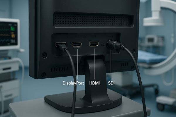 A rear view of a medical display showing a variety of input ports like DisplayPort, HDMI, and SDI