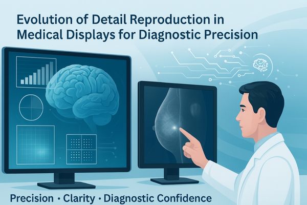 Illustration of a doctor analyzing medical images on high-resolution displays, showing a 3D brain rendering and a mammogram with AI-highlighted details, symbolizing precision and advanced detail reproduction in medical diagnostics.