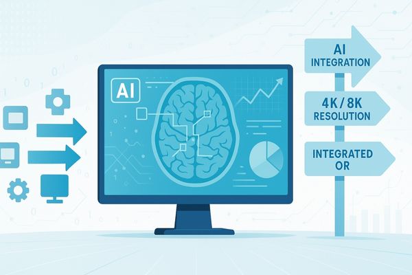 Illustration of mergers and acquisitions in the medical display industry with AI integration, high-resolution imaging, and future technology trends