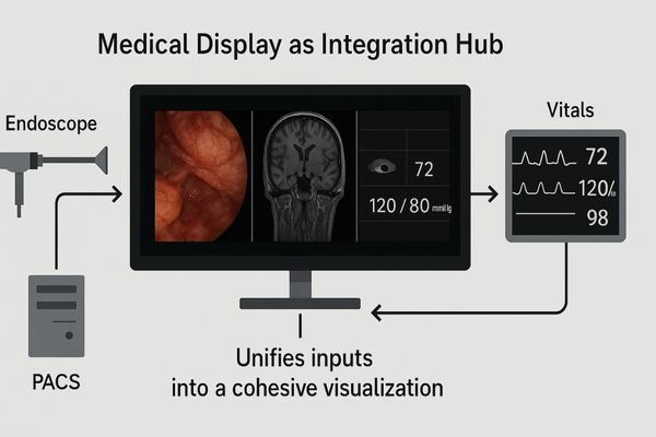 A diagram showing inputs like endoscope, PACS, and vitals all feeding into a central surgical display