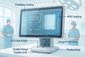 Cutaway digital illustration of a medical monitor showing internal components like LED backlight, heat sink for passive cooling, surge-protected power supply, and sealed casing for moisture resistance, set in a modern surgical room.