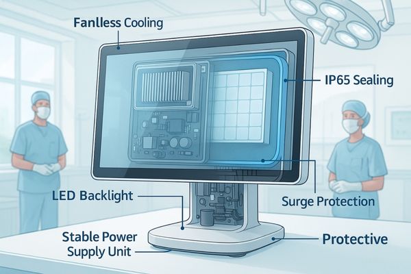 Cutaway digital illustration of a medical monitor showing internal components like LED backlight, heat sink for passive cooling, surge-protected power supply, and sealed casing for moisture resistance, set in a modern surgical room.