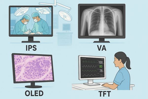 Four types of medical display panels including IPS, VA, OLED, and TFT shown in a modern clinical context