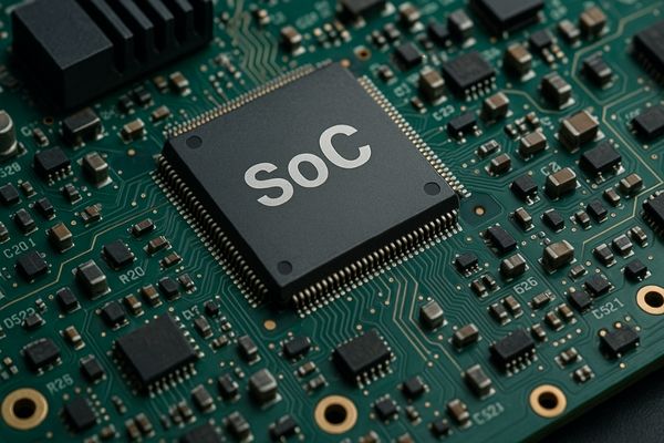 A close-up photograph of a complex circuit board, focusing on a powerful System-on-a-Chip (SoC)